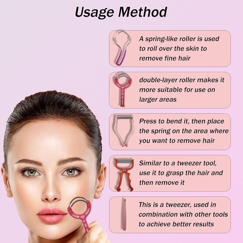 Aogigigio Facial Hair Removal for Women - 5 in 1 Face Hair Remover Kit, Spring Hair Remover, Spring Tweezer Hair Remover for Chin, Upper Lip, Mustache - Image 3